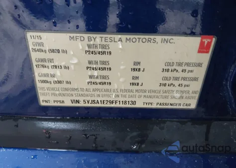 2015 Tesla Model S 70D/85D/P85D z USA, uszkodzony, nr VIN 5YJSA1E29FF118130